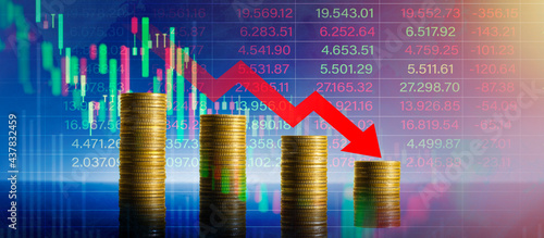 Fototapeta Naklejka Na Ścianę i Meble -  Stock fall market chart for forex trading graph.Arrow red falling on a golden coins .Business banner background