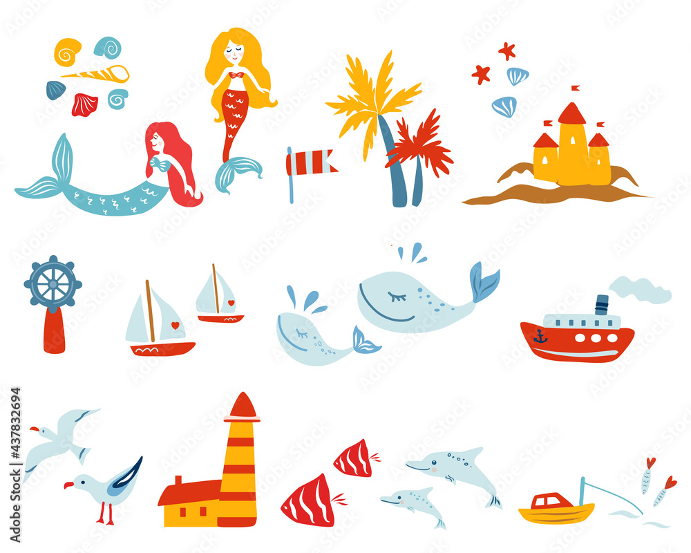 Marine vector set lighthouse, yacht, seagull, sailboat, seashell, whale, mermaid isolated on white background, decorative flat signs, cartoon sea symbols for travel design, greeting cards, invitation