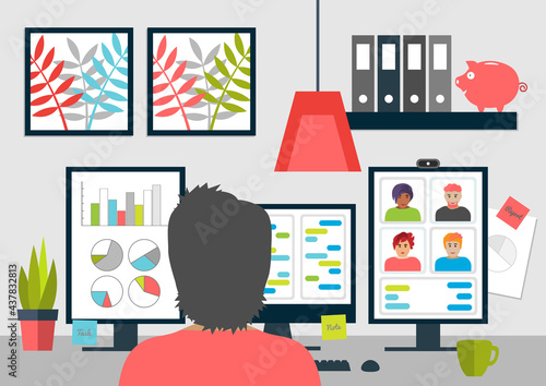 Working from home concept. A worker is working efficiently at home with multiple computer screens setup. Video conferencing is used to communicate and collaborate with co-workers.