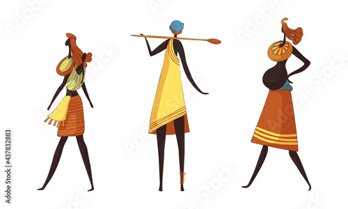 Slender African Woman Wearing Traditional Tribal Clothing and Necklace Carrying Baby Vector Set