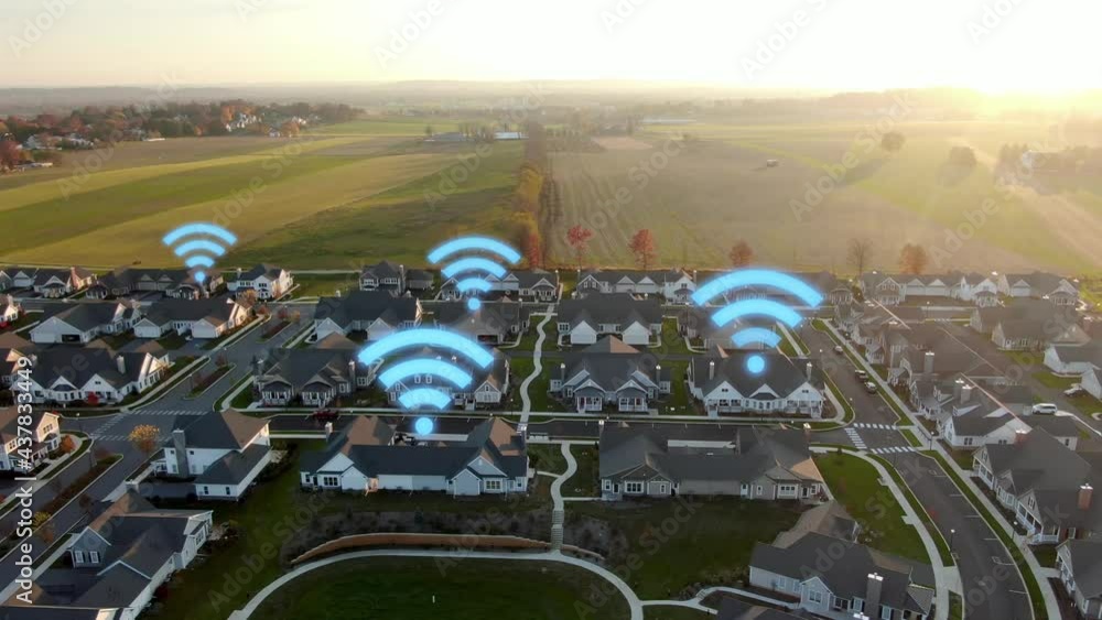 American homes. Rural broadband access. Wifi internet speed. Homes in USA beside rural fields during sunset.