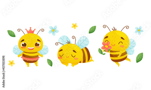 Cute Striped Bee Character with Yellow Body Flying and Sleeping Vector Set