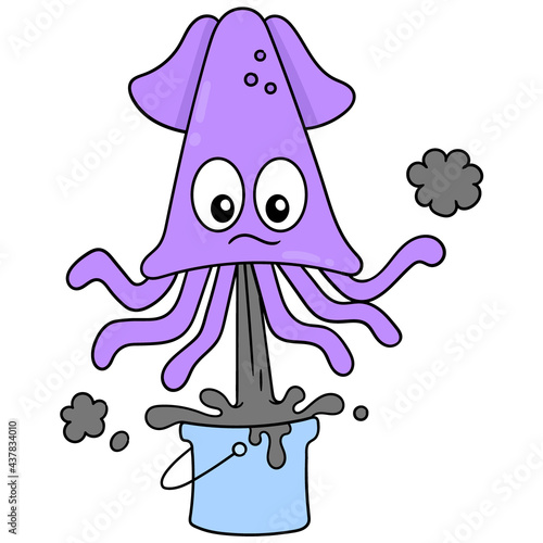 purple squid is spraying black ink poison as self defense, doodle icon image kawaii