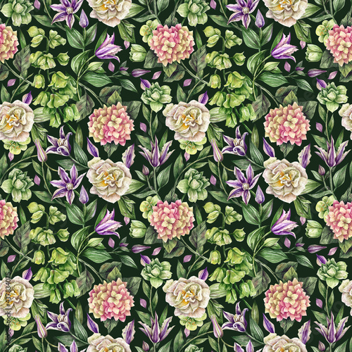 Floral vintage seamless pattern with peonies, tulips and hydrangeas. Background with hand-drawn watercolor flowers. Stylish background with flowers. Texture for fabric, paper