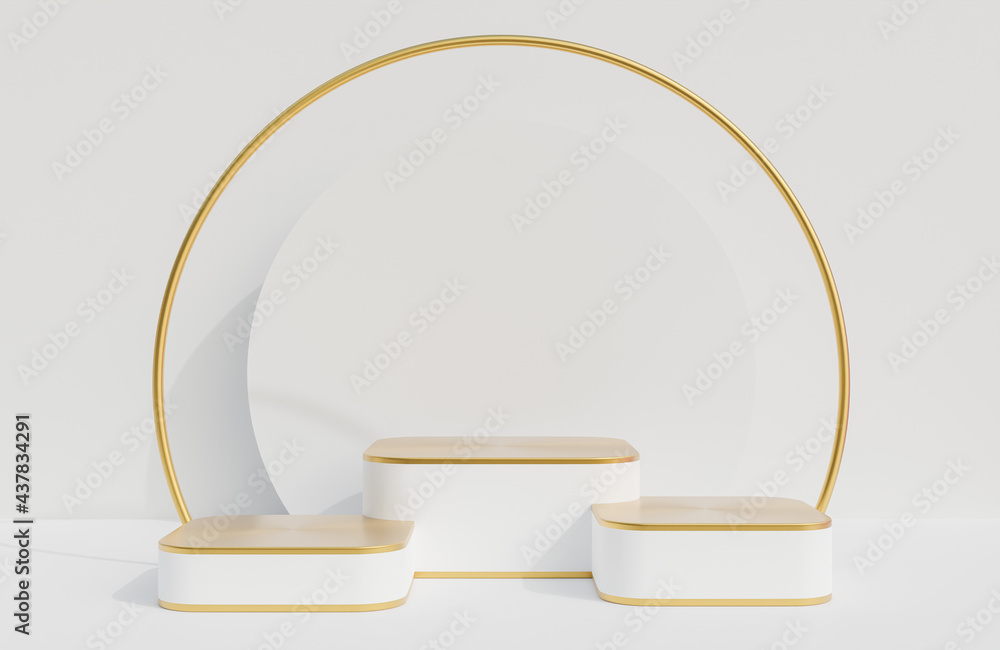 White and Gold podium for product presentation on white wall background luxury style.,3d model and illustration. White and Gold podium for product presentation on white wall background luxury style.,3d model and illustration.