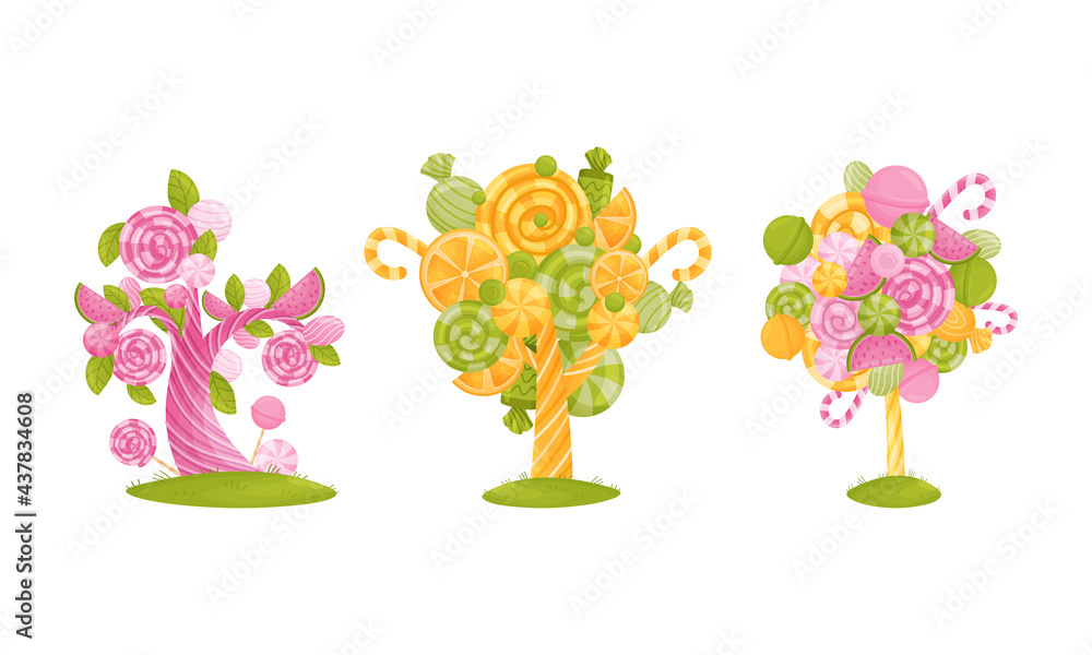 Cartoon Sweet Candy Trees as Fantasy Nature Vector Set
