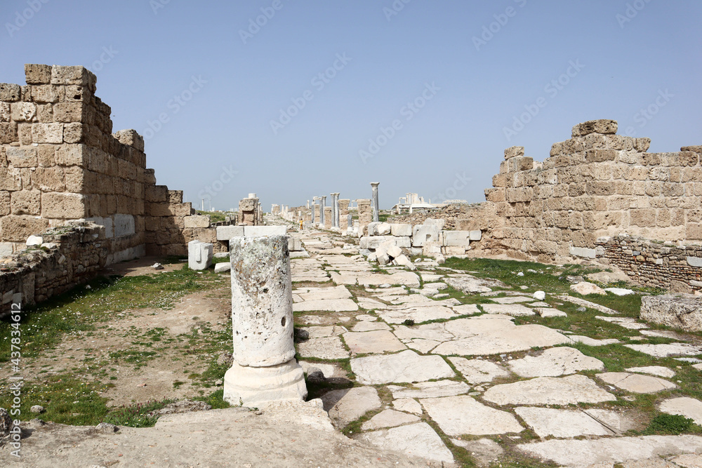 street with white marble pavement in ruined ancient town Laodicea on the Lycus, Turkey