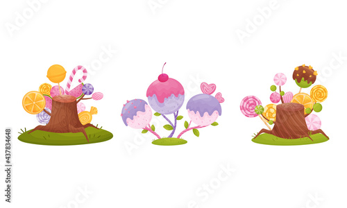 Cartoon Sweet Candy Trees as Fantasy Nature Vector Set