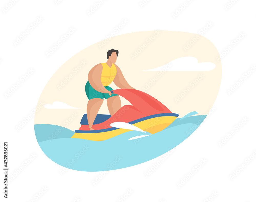 Resort traveler rides jet ski. Highspeed extreme attraction water. Man in life jacket merrily jumping over waves aquabike. Powerful sports engine racing and fun. Vector flat illustration isolated Resort traveler rides jet ski. Highspeed extreme attraction water. Man in life jacket merrily jumping over waves aquabike. Powerful sports engine racing and fun. Vector flat illustration isolated