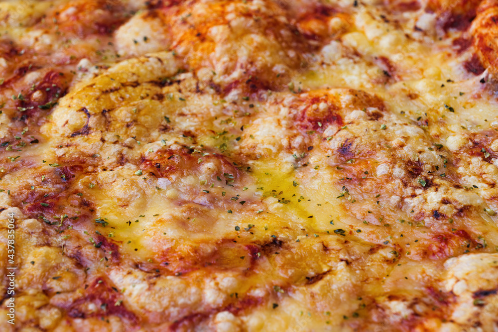 Close-up of pizza topped with cheese and oregano. Macro shot of delicious products. Selective focus. Close-up of pizza topped with cheese and oregano. Macro shot of delicious products. Selective focus.
