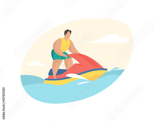 Resort traveler rides jet ski. Highspeed extreme attraction water. Man in life jacket merrily jumping over waves aquabike. Powerful sports engine racing and fun. Vector flat illustration isolated © Дмитрий Муску