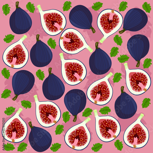 A pattern of figs and leaves on a pink background.