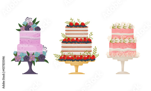 Creamy Tier Cake Decorated with Flowers and Berries Standing on Pedestal Cake Plate Vector Set