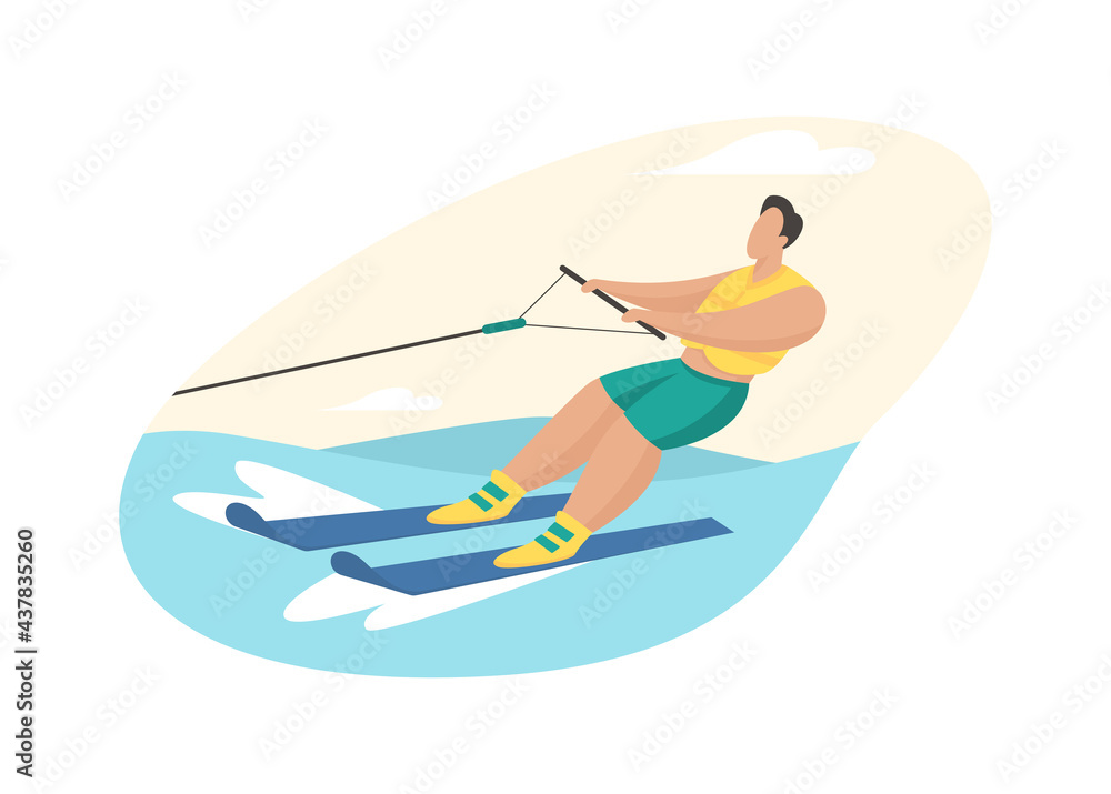Water skiing attraction. Man in life jacket rushes over waves skis holding cable of boat. Extreme fun with fitness activities. Holidays in ocean tropics and sea. Vector flat illustration isolated Water skiing attraction. Man in life jacket rushes over waves skis holding cable of boat. Extreme fun with fitness activities. Holidays in ocean tropics and sea. Vector flat illustration isolated