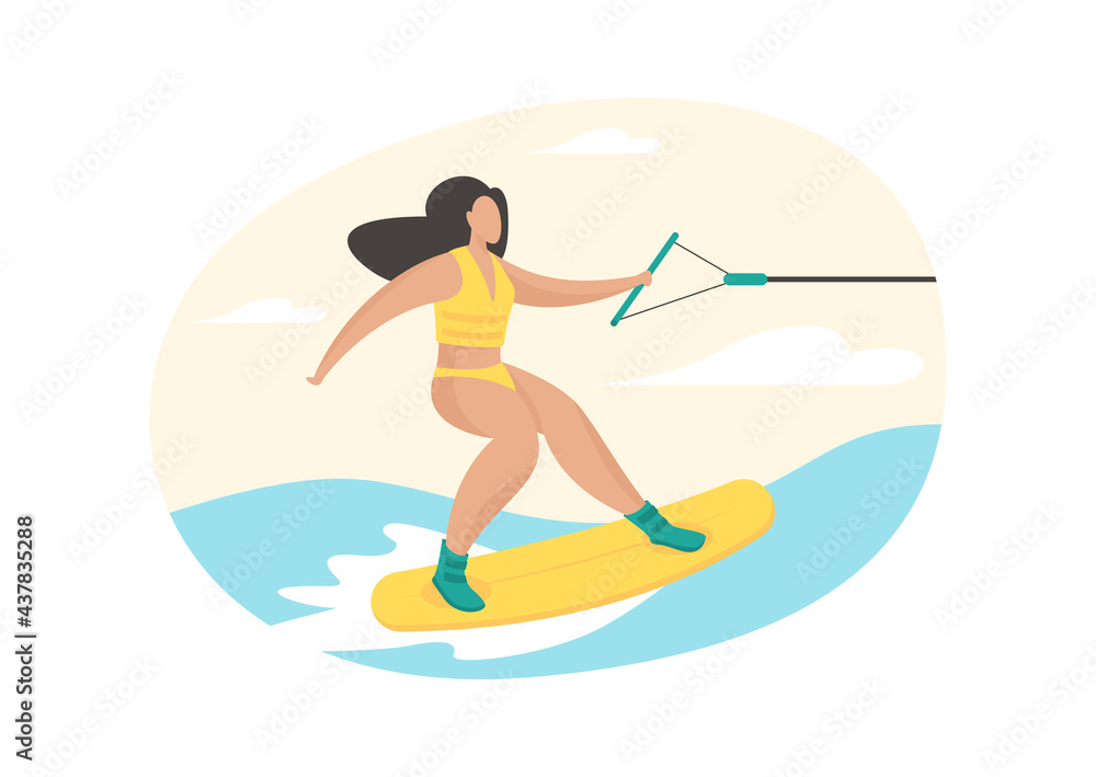 Girl engaged in sapperfing. Artificial surfing vacation. Woman in swimsuit jumps over waves on board holding boats cable. Extreme fun with water adrenaline. Vector flat illustration isolated