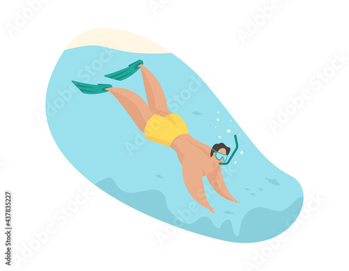 Man snorkeling. Extreme diving with short immersion. Swimmer in mask and snorkel dives to underwater reef. Deep ocean views with coral and pearl oyster mining. Vector flat illustration isolated