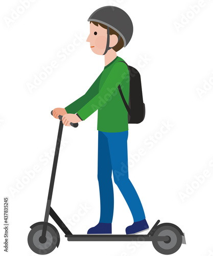 電動キックボードに乗る男性　ヘルメット有り　イラスト