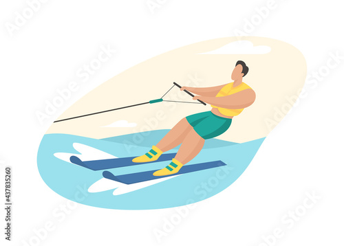 Water skiing attraction. Man in life jacket rushes over waves skis holding cable of boat. Extreme fun with fitness activities. Holidays in ocean tropics and sea. Vector flat illustration isolated