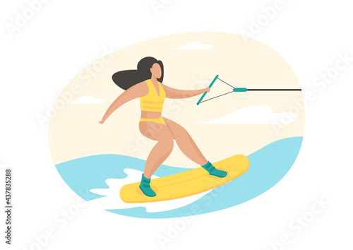 Girl engaged in sapperfing. Artificial surfing vacation. Woman in swimsuit jumps over waves on board holding boats cable. Extreme fun with water adrenaline. Vector flat illustration isolated
