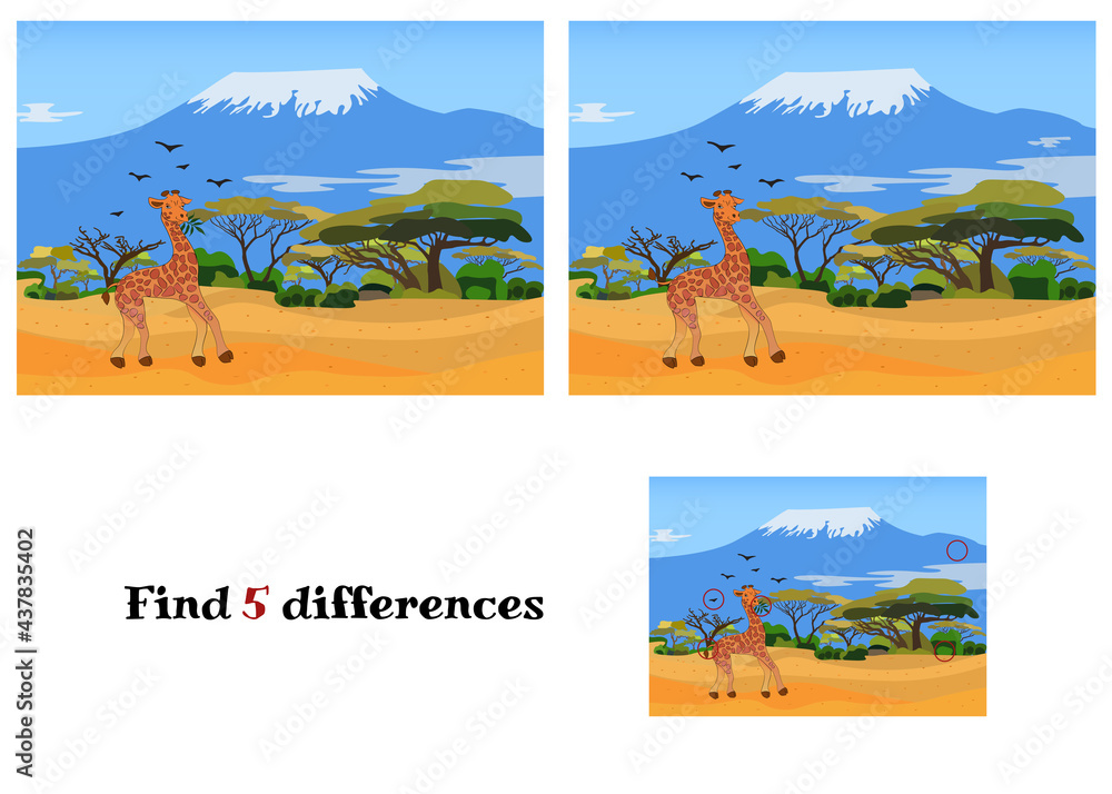 A funny giraffe is walking along the savannah. Africa. Vector illustration of game for children Find the difference