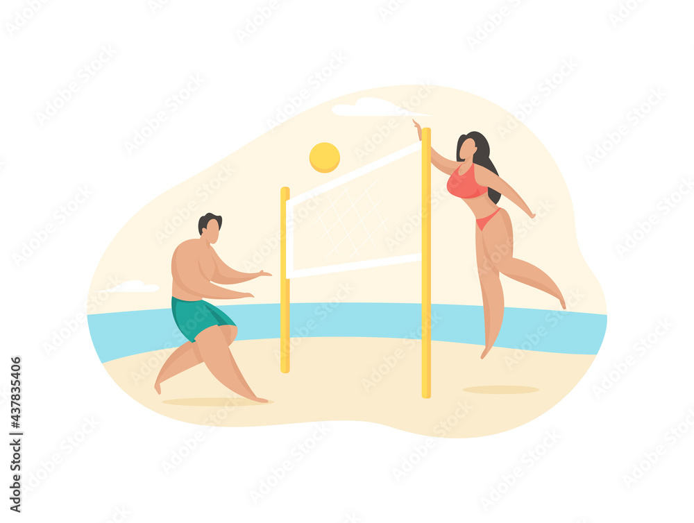 People play beach volleyball. Active rest on sandy seaside. Guy and girl throw ball over net. Fun summer faustball competition. Tourists on tropical beach. Vector flat illustration isolated