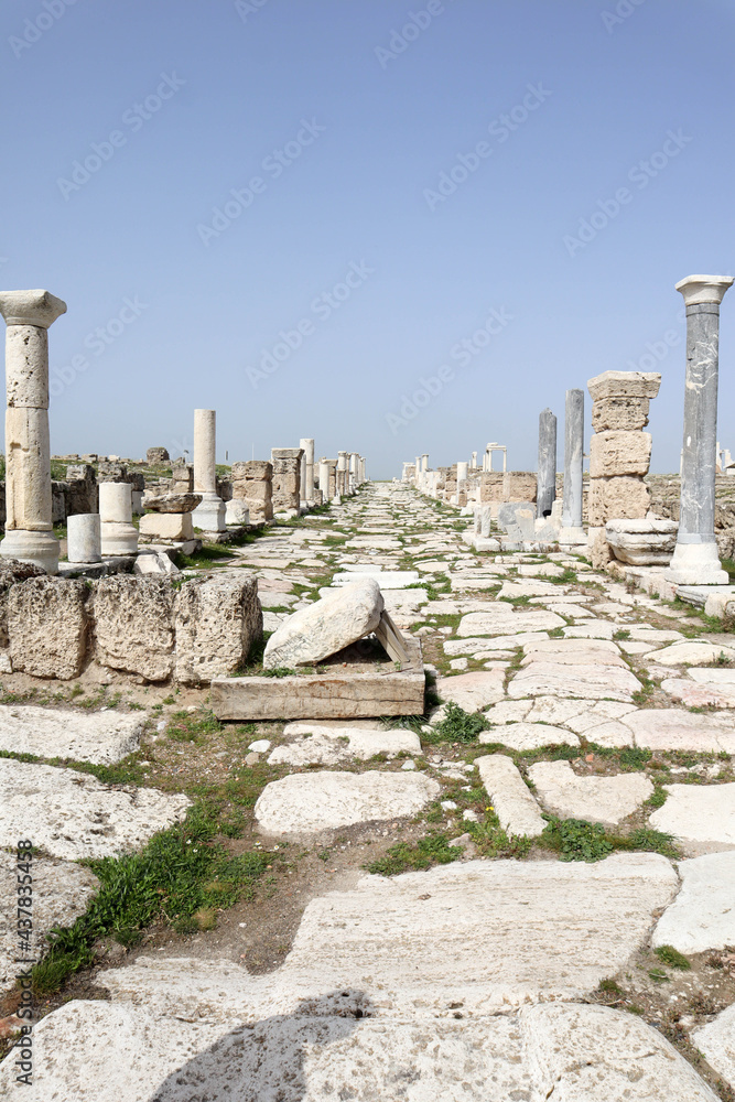 street with white marble pavement in ruined ancient town Laodicea on the Lycus, Turkey