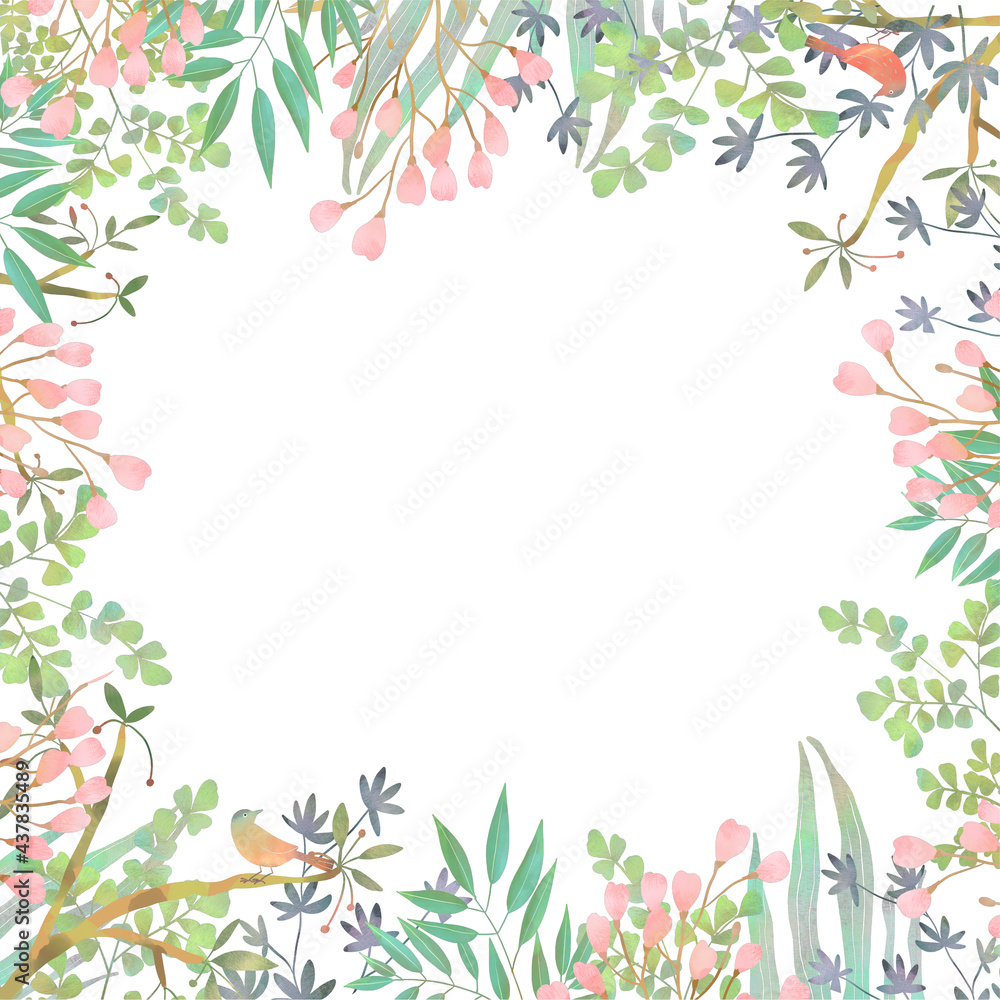 Fototapeta premium 優しい色使いの北欧風オシャレな植物と鳥の白バックフレームイラスト素材