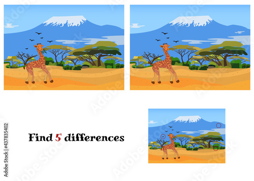 A funny giraffe is walking along the savannah. Africa. Vector illustration of game for children Find the difference