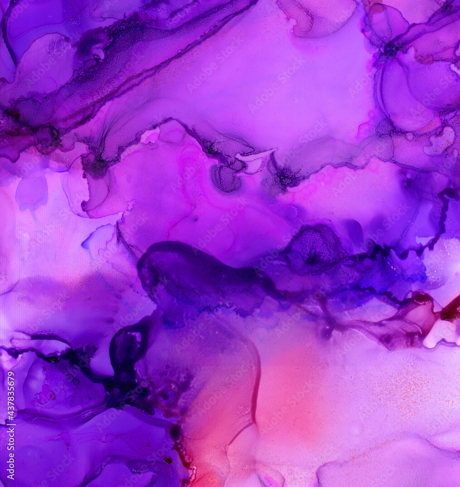 Artistic background with flow ink, watercolor paint texture. Splashes, marble spots in abstract liquid surface in deep magenta and violet neon colors