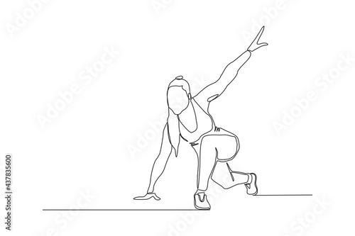 Continuous line drawing of young sportive woman training yoga in sport gymnasium club center. Single one line of Fitness stretching concept. Trendy design graphic vector illustration