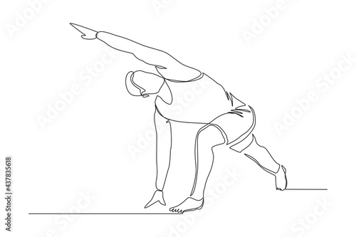 Continuous line drawing of young sportive man training yoga in sport gymnasium club center. Single one line of Fitness stretching concept. Trendy design graphic vector illustration