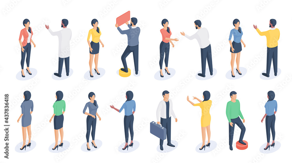 Vector set of three dimensional male and female business people working and communicating while doing job isolated on white background