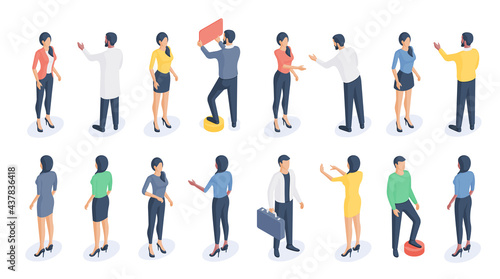 Vector set of three dimensional male and female business people working and communicating while doing job isolated on white background