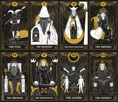 vintage vintage style deck of tarot cards. magical predictions of the future, mysterious characters.
