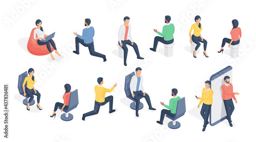 Set of vector isometric icons with modern men and women interacting and using gadgets while sitting on different seats isolated on white background