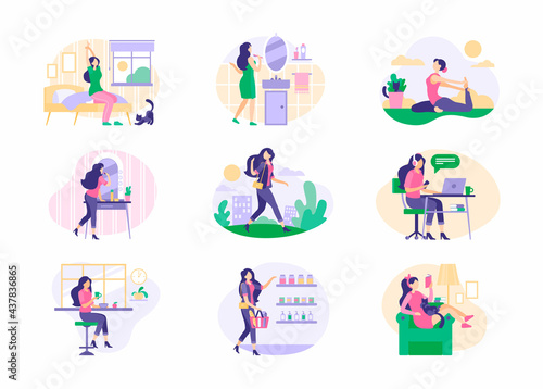 Scenes from daily routine young woman set. Girl wakes up in morning and brushes her teeth exercises gets dressed and goes to work. She buys after work and reads book at home in evening. Vector flat