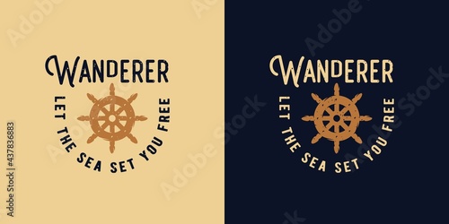 Helm of wanderer. Marine wheel for sailor t-shirt sea print. Nautical ocean design emblem with ship rudder