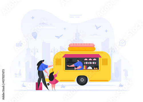 People buy food at kiosk wheels vector illustration. Woman and child order freshly baked fast food. Salesman in yellow commercial trailer makes coffee prepares snacks. Hearty street cartoon lunch.