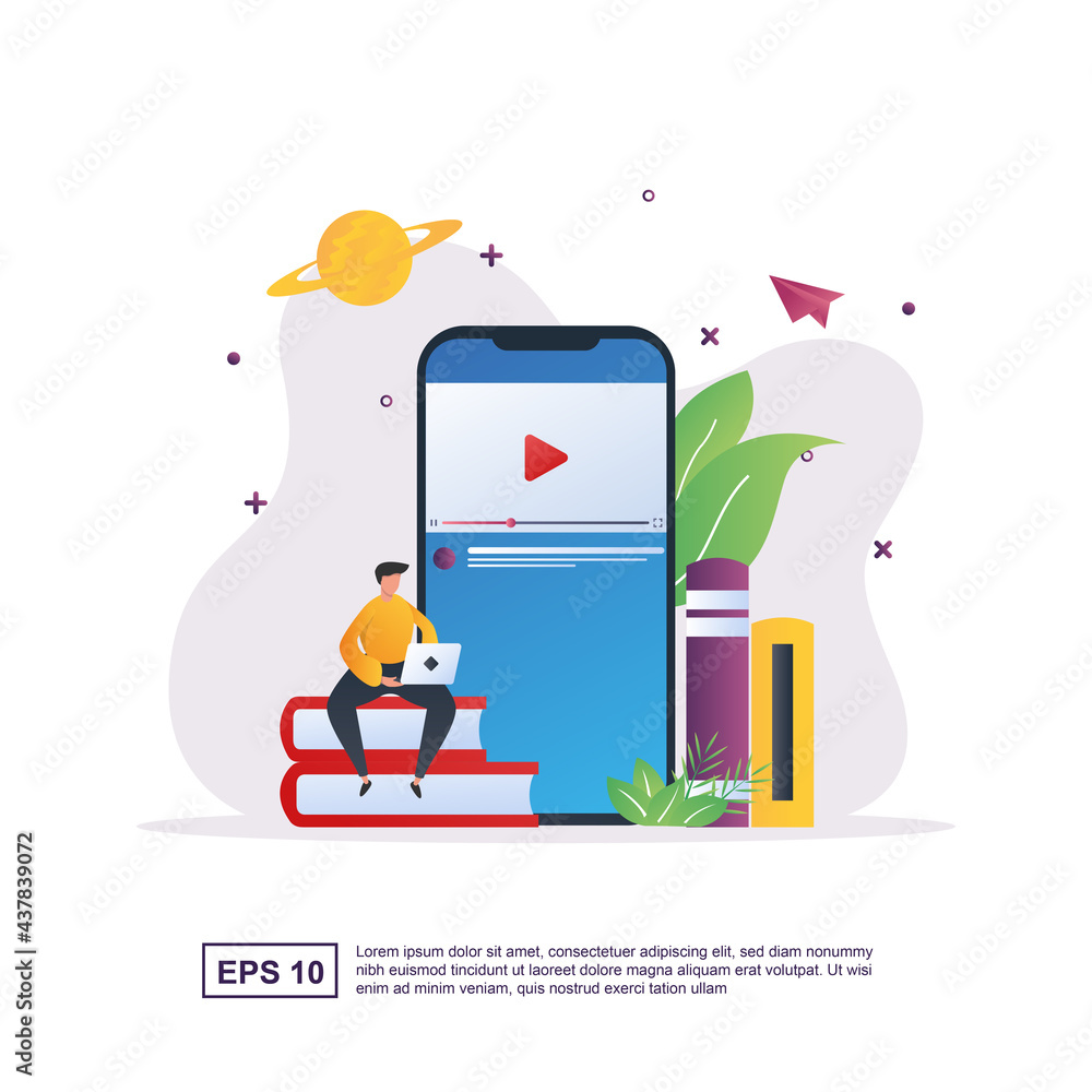 Illustration concept of online education with people learning via video on laptop.