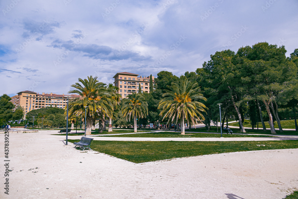  urban landscape with park and palm trees on a warm sunny day in Zaragoza Spain