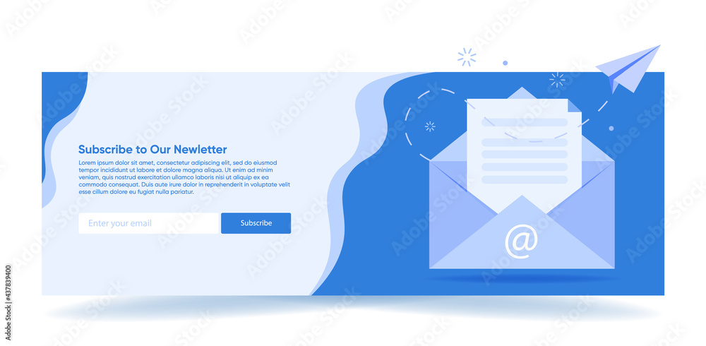 Subscribe to the newsletter. An open email with a document. Blue banner for websites. Ux UI design. - obrazy, fototapety, plakaty 
