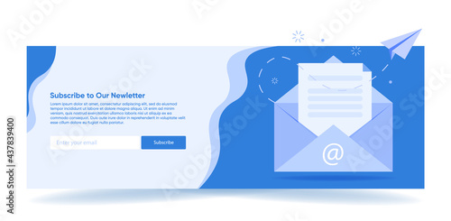 Subscribe to the newsletter. An open email with a document. Blue banner for websites. Ux UI design.