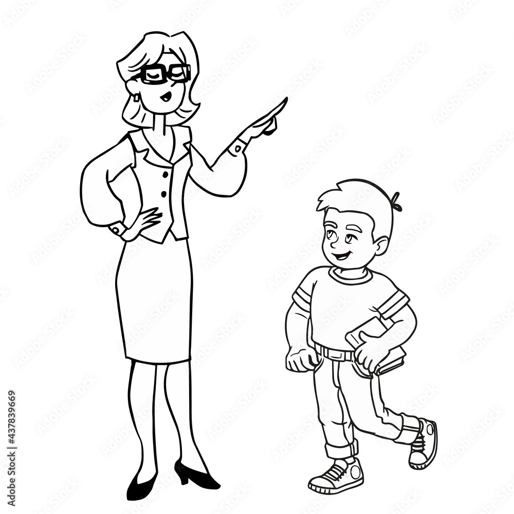 The teacher speaks with the schoolboy boy. Study at school. Back to school. Two isolated people. Cartoon character drawn with black line. Vector cartoon comic style The teacher speaks with the schoolboy boy. Study at school. Back to school. Two isolated people. Cartoon character drawn with black line. Vector cartoon comic style