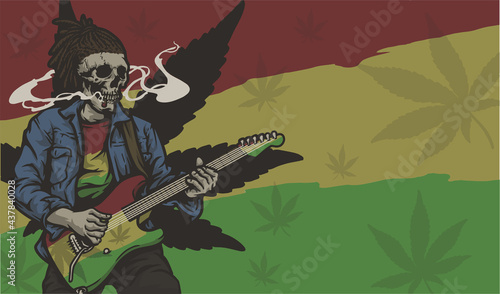 Handrawn Dreadlocks Skull Reggae Guitarist Music with Cigarette Cannabis Marijuana Logo Vector Background Illustration