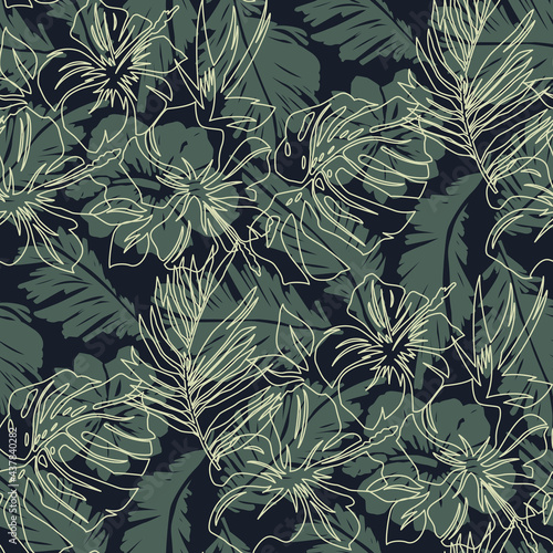 Hibiscus flowers and tropical leaves fabric  abstract  vector seamless pattern 