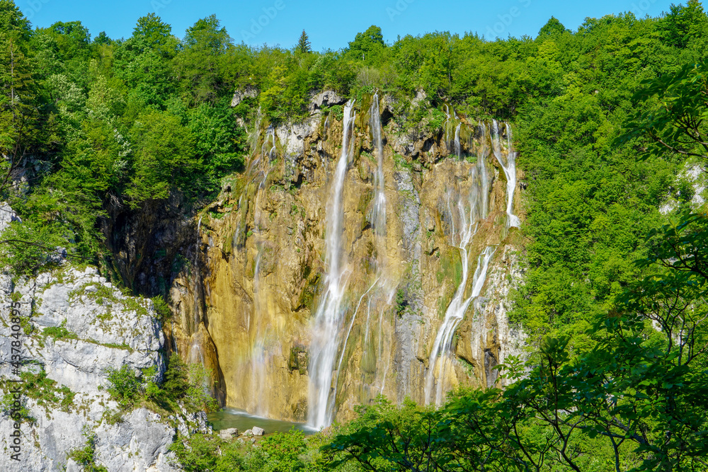 View of mighty crystal clear waterfalls at Plitvice lakes National park, Croatia
