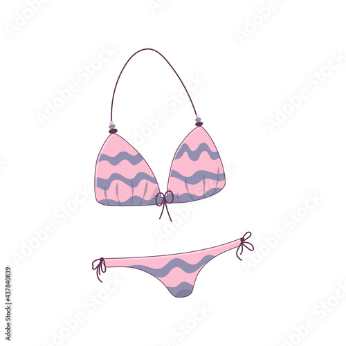 Women's split swimsuit, bikini panties and pink top isolated on white background. Vector illustration on the theme of summer holidays in cartoon style