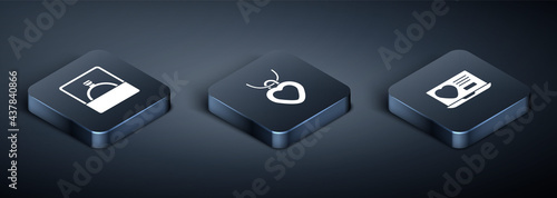 Set Isometric Diamond engagement ring, Dating app online and Necklace with heart shaped icon. Vector