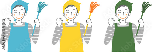 掃除道具を持つ男性。（はたき）
