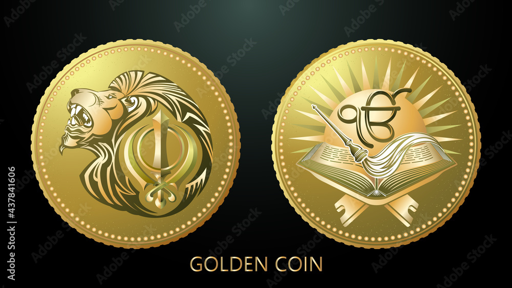 Vector. Gold souvenir coin. India. Sikhism. Khanda symbol on the ...